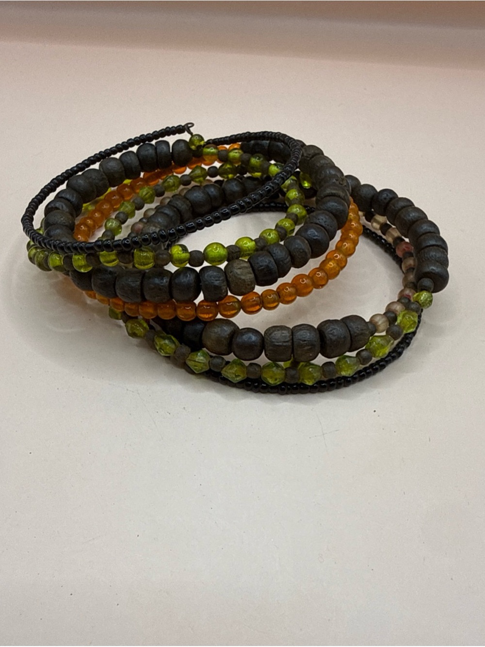 Boho Earth Tone Beaded Memory Wire Wrap Bracelet Wood and Mixed Materials